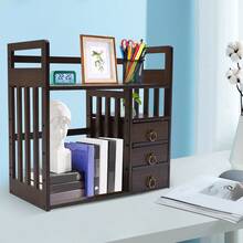 RibasuBB Estantería de escritorio organizadora de bambú con 3 cajones, estantes de almacenamiento para oficina - Negro - Ver 5