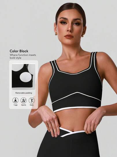 Sodalemon Áo tank top tập yoga/thể dục phối màu tương phản dành cho nữ, có lớp lót co giãn, áo ngực thể thao ngoài trời/tập luyện thể dục thường ngày