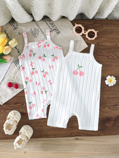 2pcs Baby Outfit, Casual Minimalist Summer New Style, Cherry Pattern Suspender Romper, 2-Piece Color Combination Set, Suitable For Baby Daily Outdoor Wear