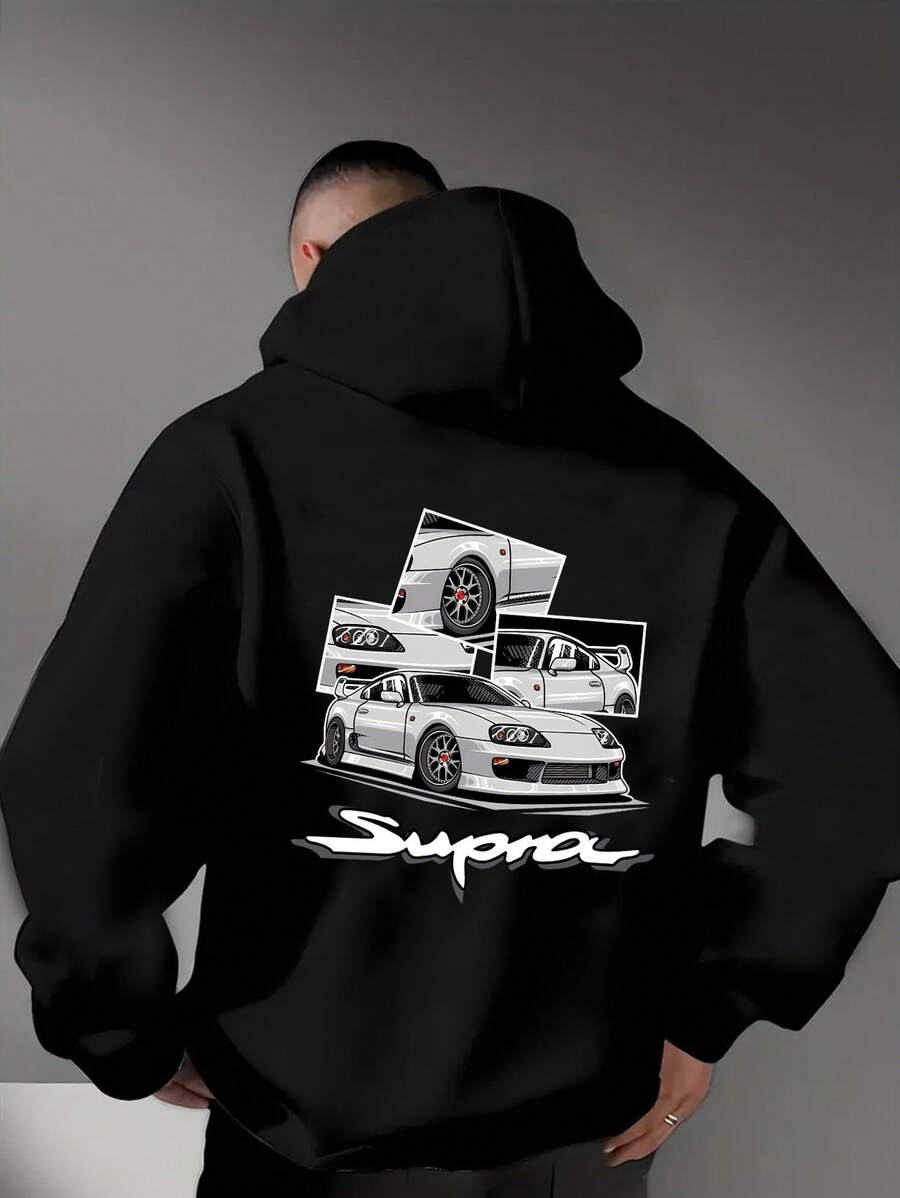 Black Toyot Supra Graphic Print Hoodie, Car Hoodies, Y2k Clothes,Casual Wear With Design, Men's Autumn And Winter Long Sleeved Hooded Sweatshirt With Double-Sided Printing (250g Polyester Fiber), Cool, Couple's Outfit, Suitable For Street Retro And Outdoor Sports Leisure, Daily Wear, Perfect Gift For Racing Enthusiasts - 黑色 - 查看 1