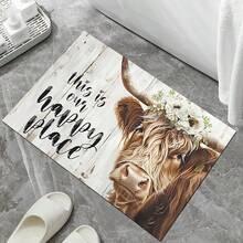 1pc Rustic Wooden Cow Shaped Washable Diatomite Mud Mat, Non-Slip Durable Bathroom Doormat - A Cow With Flowers - View 2
