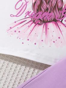 Söt, rund halsringad, kortärmad topp med tecknat ballongtryck och asymmetrisk kjol med resår i midjan, tvådelat set för flickor, vår/sommar - Blåröd - Visa 5