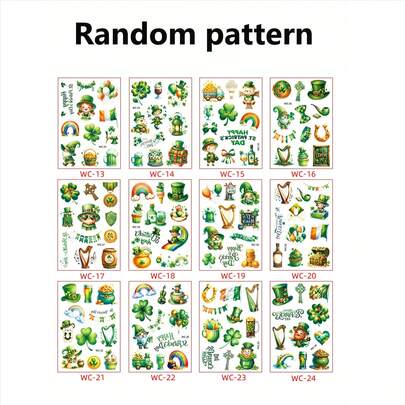 圣帕特里克节闪光临时纹身贴纸，包含三叶草、绿帽、小妖精、彩虹、气球、啤酒和凯尔特竖琴图案，闪光艺术装饰贴纸，适用于节日派对、游行和服装搭配。防水贴纸，长方形，可持续2-5天。