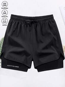 1 chiếc quần short thể thao nam dài 3/4, có lớp lót bên trong, kiểu dáng boyfriend, nhanh khô, phù hợp cho tập luyện mùa xuân/hè và đi làm. - màu đen - Xem 2