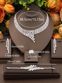 1 Set Luxury Elegant Cubic Zirconia Interlocking Design Jewelry Set, Suitable For Women's Wedding And Banquet Wear, Includes 1 Pair Earrings, 1 Necklace, 1 Bracelet, 1 Ring, Excludes Gift Box - Silver - View 5