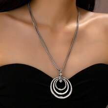 1pc Fashionable Hollow Geometric Circle Combination Pendant Necklace, Elegant Minimalist European Style For Daily Wear - Silver - View 7