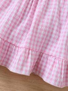 1件女婴可爱时尚休闲荷叶袖纹理面料拼接粉白格子短袖连衣裙，带可拆卸连帽披肩，春夏款 - 粉色 - 查看 7
