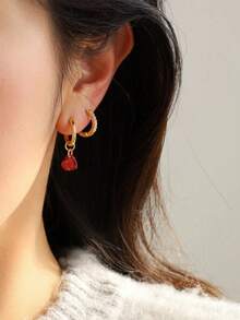 4 件/套 18K 镀金不锈钢耳环配红色方晶锆石心形吊坠，铜微镶嵌镀金圆形耳环套装，适合女士，优雅时尚，日常佩戴混搭，情人节礼物，情人节，妈妈，母亲，母亲节，礼物 - 紅色 - 查看 3