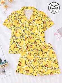 2pcs/Set Cute Duckling Allover Print Short Sleeve Pajama Set For Kids, Including Collared Shirt And Loose Elastic Waist Ruffle Hem Breathable Sleepwear, Suitable For Boys And Girls, Casual Outfit For Daily Wear, Party And Gathering - Yellow - View 10