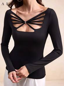 Aliao Exquisite 3D Butterfly Cutout Decorative Buttons Slim Fit Long-Sleeved Top, Back To School, Holiday Outfits,Exquisite Craftsmanship,Summer Outfits For Women, Easter, Rave Outfits Festival, Concert Outfit Women, Brunch Outfits For Women, Wedding Guest Dress,Bohemia Casual Black - Black - View 3
