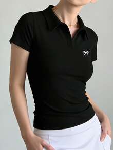 女款春季新款運動 Polo 衫，休閒修身 Polo 領 V 領長袖上衣，黑色 - 黑色 - 查看 7