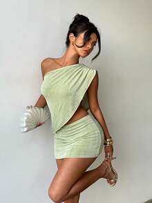 Women's Spring/Summer Green Elegant Asymmetric Shoulder Ruched Backless Fitted Mini Dress, Sexy Hollow-Out Party Club Cocktail Gown, Summer Beach Holiday Fashion - Green - View 5