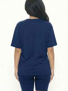 Conjunto de 2 piezas de top holgado y pantalones cortos de motociclista para mujer, cuello redondo, color liso, lavable a máquina, cómodo y básico para estar en casa en verano, primavera y otoño. - Marina de guerra - Ver 3