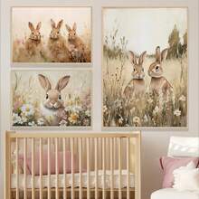 1幅帆布墙画 - 婴儿房装饰 - 复活节艺术，复古复活节兔子挂饰，复古复活节兔子设计：春日野花田野中的复活节兔子画作，复活节农舍装饰，带框婴儿房墙画，非常适合游戏室、婴儿房和儿童房装饰 - 彩色 - 查看 10