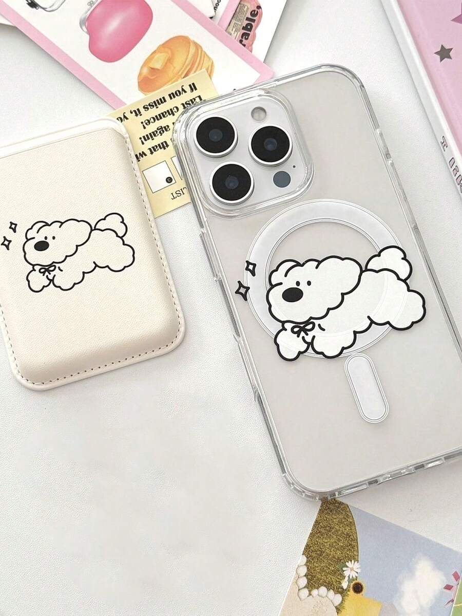 1pc Transparent Magnetic Cartoon Cute Full Coverage Phone Case With Bowknot Puppy + Magnetic PU Leather Card Holder TPU Shockproof Phone Protective Cover For IPhone11/12/13/14/15/16/17/PROMAX - Clear - View 1