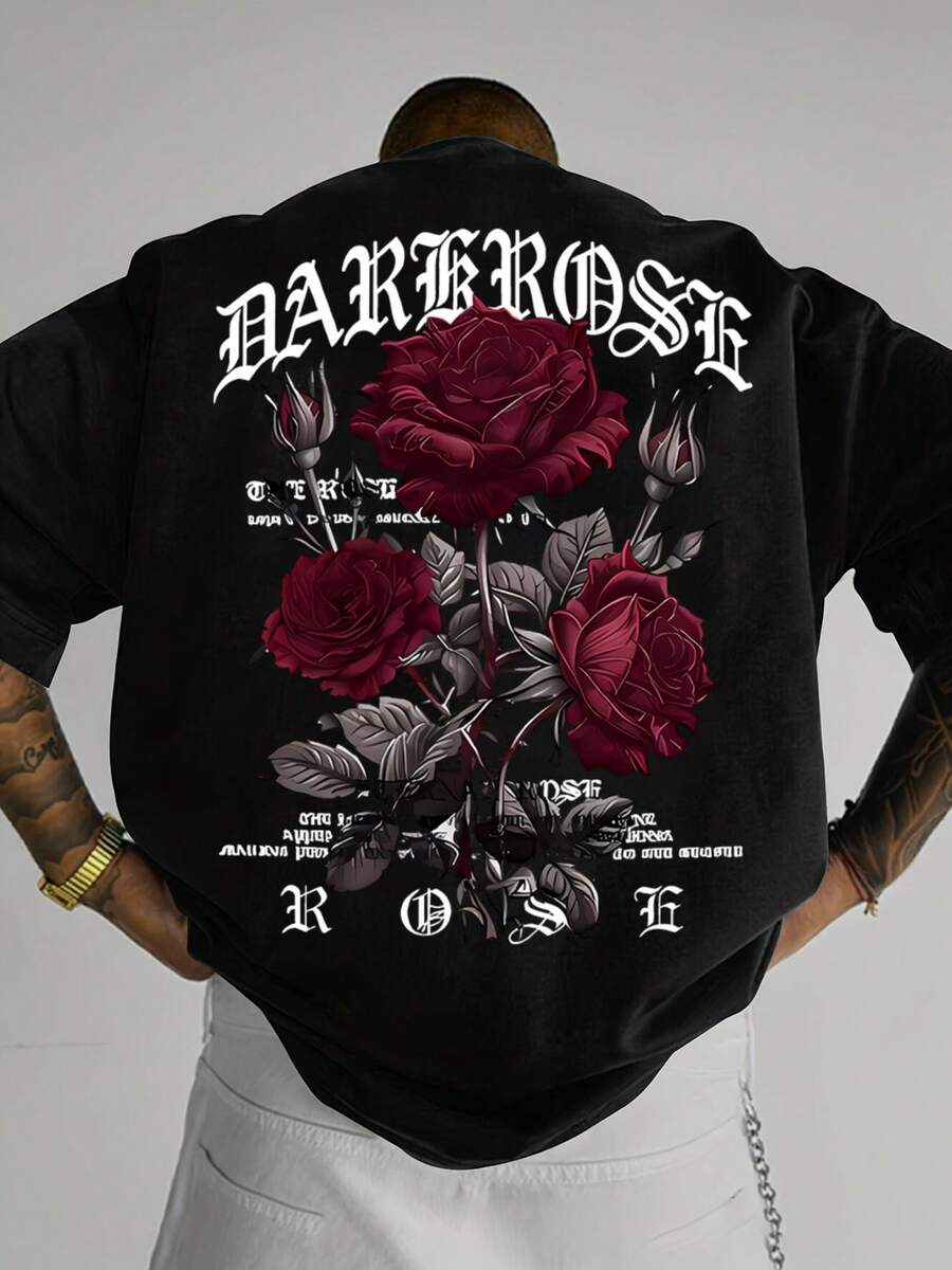 Dark Rose Print Men's T-Shirt Top - 黑色 - 查看 1