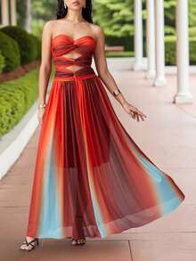 Women Tie Dye Tube Maxi Dress Strapless Twist Front Hollow Out Long Pleatde Dress Elegant Mesh Gradirnt Dresses - Fiery Red - Xem 4