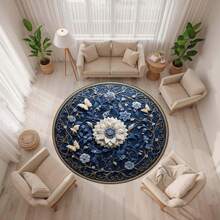 Navy Blue Round Rug With Floral And Butterfly Design, Elegant Botanical Carpet With Gold Accents, Vintage Cottagecore Decor For Living Room - 1PC - Xem 7