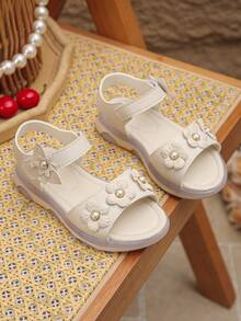 1 Pair Summer Girls Sandals, Run Small By 1 Size, Princess Peep Toe Soft Bottom Floral Hook And Loop Cute Pearl Daily Outdoor School Comfortable Flat Sandals - White - View 2