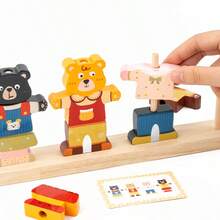 1pc Wooden Cartoon Dress-Up Matching Toy With Pattern Cards, Bear Dress-Up Game Suitable For Children 12m+ - Multicolor - View 5