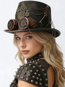 1pc Women Steampunk Hat, Solid Color Wide Brim Decorated With Metal Eyeglasses, Teeth, Chain, Felt Round Crown Costume Party Hat, Unisex Design - Multicolor - View 21