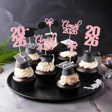 12pcs 2026 Graduation Theme Glitter Cupcake Decorations, 2026 Graduation Diploma Cap Cupcake Toppers, 2026 Graduation Party Cake Decorations, Pink - Pink - View 6