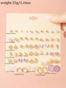 30 Pairs Elegant Minimalist Earring Set, Cute Flower, Heart, Butterfly, Snowflake Designs, Versatile For Daily, Casual, Party Wear, Holiday Gift - Multicolor - View 5
