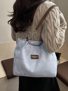 时尚条纹手提包 - 女士大容量单肩包 - 拉链托特包，适合日常使用 - 简约链条单肩托特包，适合青少年女孩、大学生、职场新人及白领，完美适用于办公室、工作、商务、通勤，闪亮亮片图案，是女士最佳工作包之选。 - 藍色 - 查看 4