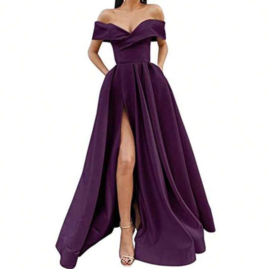 Off The Shoulder Satin Evening Dresses High Split Sexy With Pockets Lace Up Back Vintage Long Prom Dresses Wedding Party Gowns - 紫色 - 查看 1