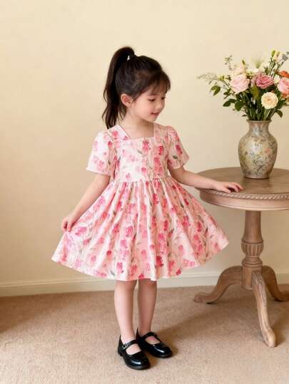 新款女童夏季短袖连衣裙，甜美碎花印花中长裙，适合4-9岁幼儿及小女孩，可爱童装