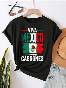 Viva Mexico Cabrones Flag Design Graphic T-Shirt For Women, Oversized Crewneck Tees Casual Wear, Spring Cotton Tops Short Sleeve, Summer Basic Tees, Funny Clothes For Women - màu đen - Xem 2