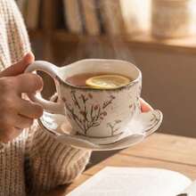 手绘薰衣草咖啡杯碟陶瓷餐具，优雅下午茶拉花杯，乡村风格饮具套装 - 彩色 - 查看 3