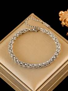 1 Set Stainless Steel Versatile Fashionable Chain Design Necklace + Bracelet Jewelry Set, Suitable For Daily Wear - Silver - View 9