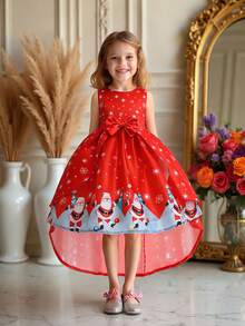 Vestido de Festa de Princesa de Natal com Decoração de Laço Estampa de Papai Noel e Floco de Neve para Meninas Jovens, Adequado para Celebração de Feriados, Padrão de Tecido Cortado Aleatoriamente, Faixa de Cabeça Não Incluída - Vermelho - Visão 5