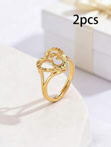 2pcs Elegant Hollow Heart & Letter Adjustable Rings, Fashionable Jewelry Gifts Suitable For Women, Girlfriends, Wives, Mothers, Families And Friends On Birthdays, Anniversaries And Other Occasions - Yellow Gold - View 32
