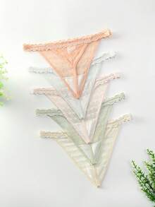 5件装，女士纯色蕾丝拼接低腰丁字裤，心形腰带半透明蕾丝内裤，性感高弹时尚家居派对通用丁字裤，多色组合丁字裤套装 - 彩色 - 查看 2