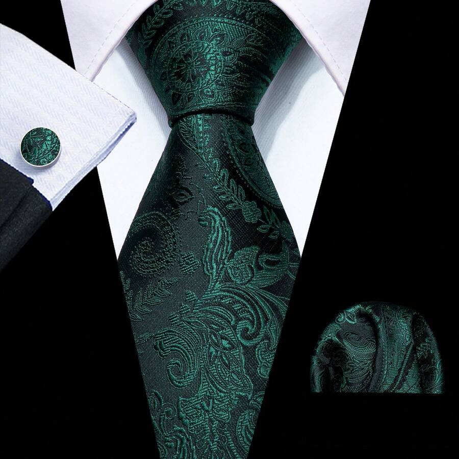 Set de 3 corbatas de boda para hombres con diseño de paisley, floral y rayas en colores rosa, verde, negro y rojo, que incluye corbata, pañuelo y gemelos - Verde - Ver 1