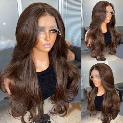 Kanekalon Futura棕色13x4合成蕾丝前假发，22英寸长波浪卷，无需胶水，Kanekalon材质，耐高温，自由分缝，150%密度，适合女性日常、派对、度假、节日等场合，自然逼真，即戴即用，高清无胶蕾丝合成假发，耐热纤维，时尚女性日常、派对、节日等场合，适合初学者。