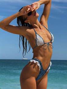 2pcs Women New Bikini Set, Fashion Backless Ditsy Floral Polka Dot Ruffled Metal Decor Popular Swimwear Vacation Beach Summer - Navy Blue - View 1