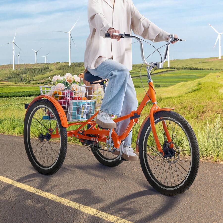 Folding Adult Tricycle, 26-Inch 7-Speed Adult Folding Trikes, Carbon Steel 3 Wheel Cruiser Bike With Basket & Adjustable Seat, Shopping Picnic Foldable Tricycles For Women, Men, Seniors (Pink) - 橘色 - 查看 1