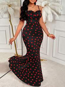 Women's Red Heart Print Spaghetti Strap Maxi Dress - Valentine's Day Edition, Fitted Mermaid Hem, Spring/Summer - Black - View 5