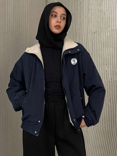 DAZY 印花宽松高领拉链长袖女式外套，秋季女装，保暖内衬