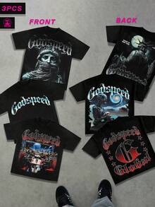 (3PCS) Men's 100% Cotton Crew Neck Doubled-Sided T-Shirts Soft Breathable Tees For Layering & Casual Wear | Godspeed Vintage Washed T-Shirts | Gothic Logo & Hardcore Graphic Tees| Vintage T Shirts | Men Vacation Outfits | Summer Vacation Outfits - 黑色 - 查看 1