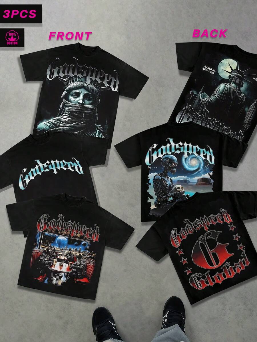 (3PCS) Men's 100% Cotton Crew Neck Doubled-Sided T-Shirts Soft Breathable Tees For Layering & Casual Wear | Godspeed Vintage Washed T-Shirts | Gothic Logo & Hardcore Graphic Tees| Vintage T Shirts | Men Vacation Outfits | Summer Vacation Outfits - 黑色 - 查看 1