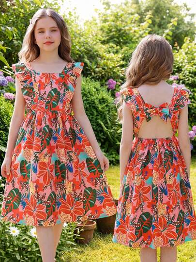 Girls Tropical Floral Print Dress, Bohemian Style, Vacation Wear, Sleeveless, Tie Back, Bowknot Design, For 8-12 Years Old, Suitable For Outing, Party, Beach