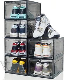 vexelfox 6/12 Pack Shoe Rack  Clear Stackable Shoe  Organizer  Hard Sturdy  Shoe Storage  Thickened Plastic Shoe Boxes For Closet, Fit US Size 12+ Sneakers/Boots, Display Case With Lids, White/Clear - Xám - Xem 1