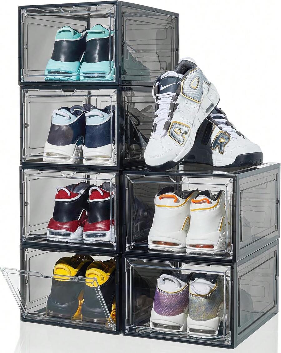 vexelfox 6/12 Pack Shoe Rack Clear Stackable Shoe Organizer Hard Sturdy Shoe Storage Thickened Plastic Shoe Boxes For Closet, Fit US Size 12+ Sneakers/Boots, Display Case With Lids, White/Clear - Xám - Xem 1