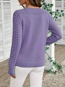 Women's Minimalist Hollow Out Knit Sweater, French Elegant Slim Fit For Commuting And Casual Layering - Purple - View 4