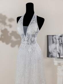 Deep V-Neck Romantic Lace Wedding Dress, Embroidered Floral Details, Minimalist Design - White - View 6