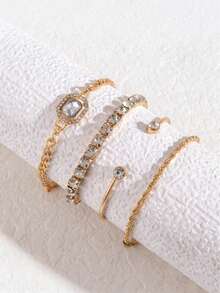 4pcs/Set Luxury Vintage Full Diamond Opening Bracelet Female Personality Rhinestone Infinity Logo Bracelet Female Gift Jewelry - Gold - View 3